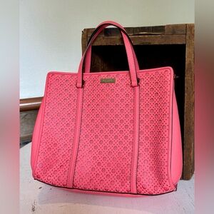 Kate Spade Romy Newbury Lane Caning Purse Satchel Flamingo Coral Leather Tote